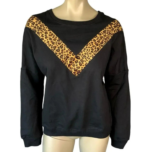 Molly Bracken Cotton Blend Sweater Velvet Animal Print Pullover Size M Black - Picture 1 of 14